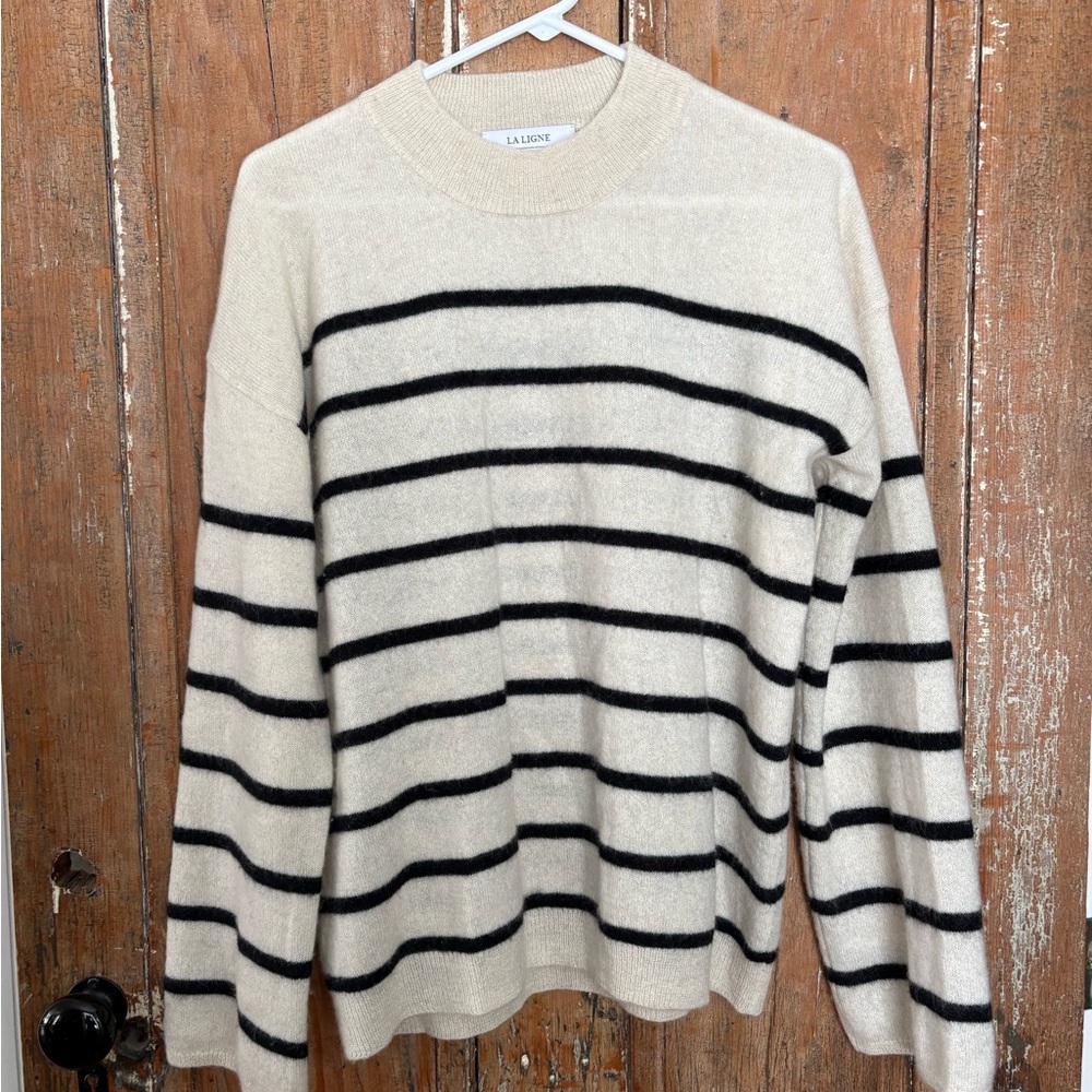 La Ligne Cream and Black Striped Crewneck Sweater